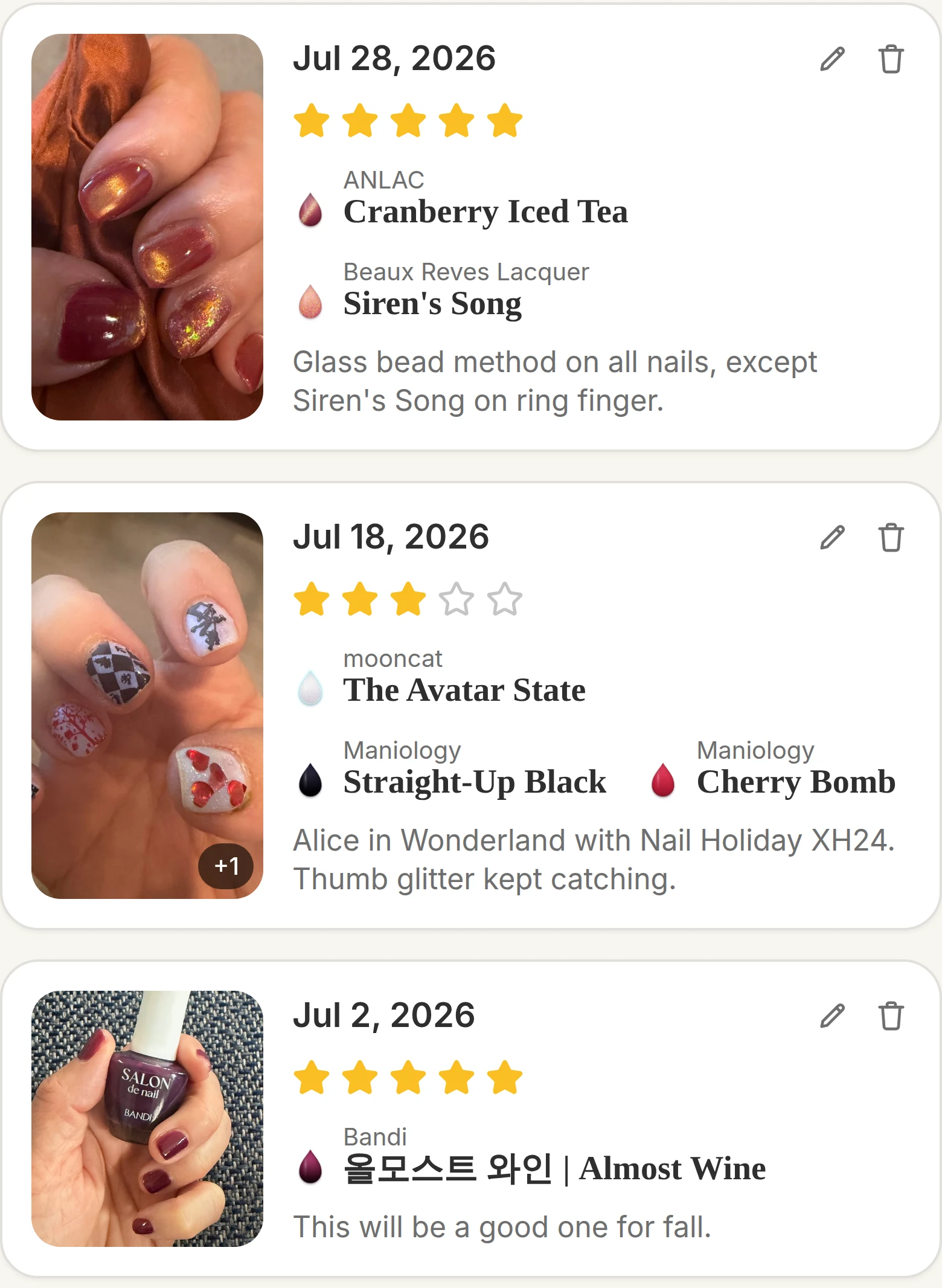 The My Manicures gallery: three saved manicures, each with its photo, the date worn, a star rating, the shades behind the look, and a note on how it wore.