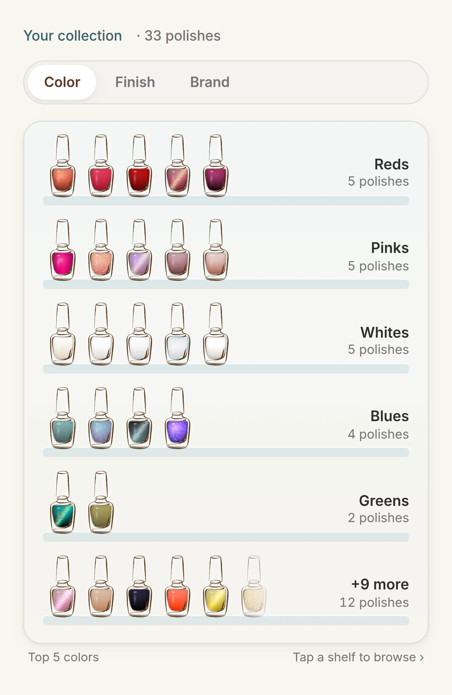 The collection shelf: rows of polish bottles grouped by color family — reds, pinks, whites, blues, greens — with Color, Finish, and Brand views.