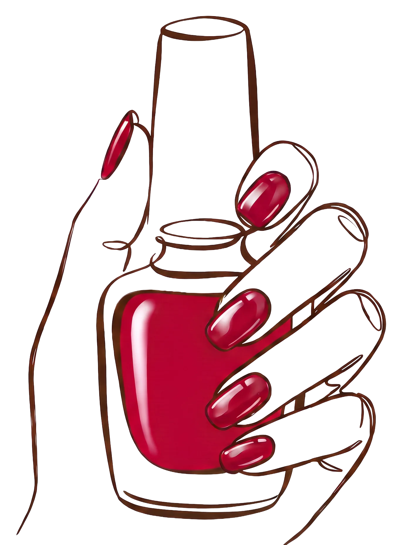 A hand-drawn line illustration of a hand with a deep crimson manicure, holding a bottle of polish.